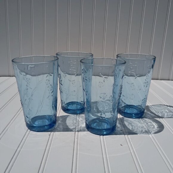 Anchor Hocking Savannah Tumblers Blue Drinking Glasses Etched Flowers SET OF 4 - Picture 4 of 15
